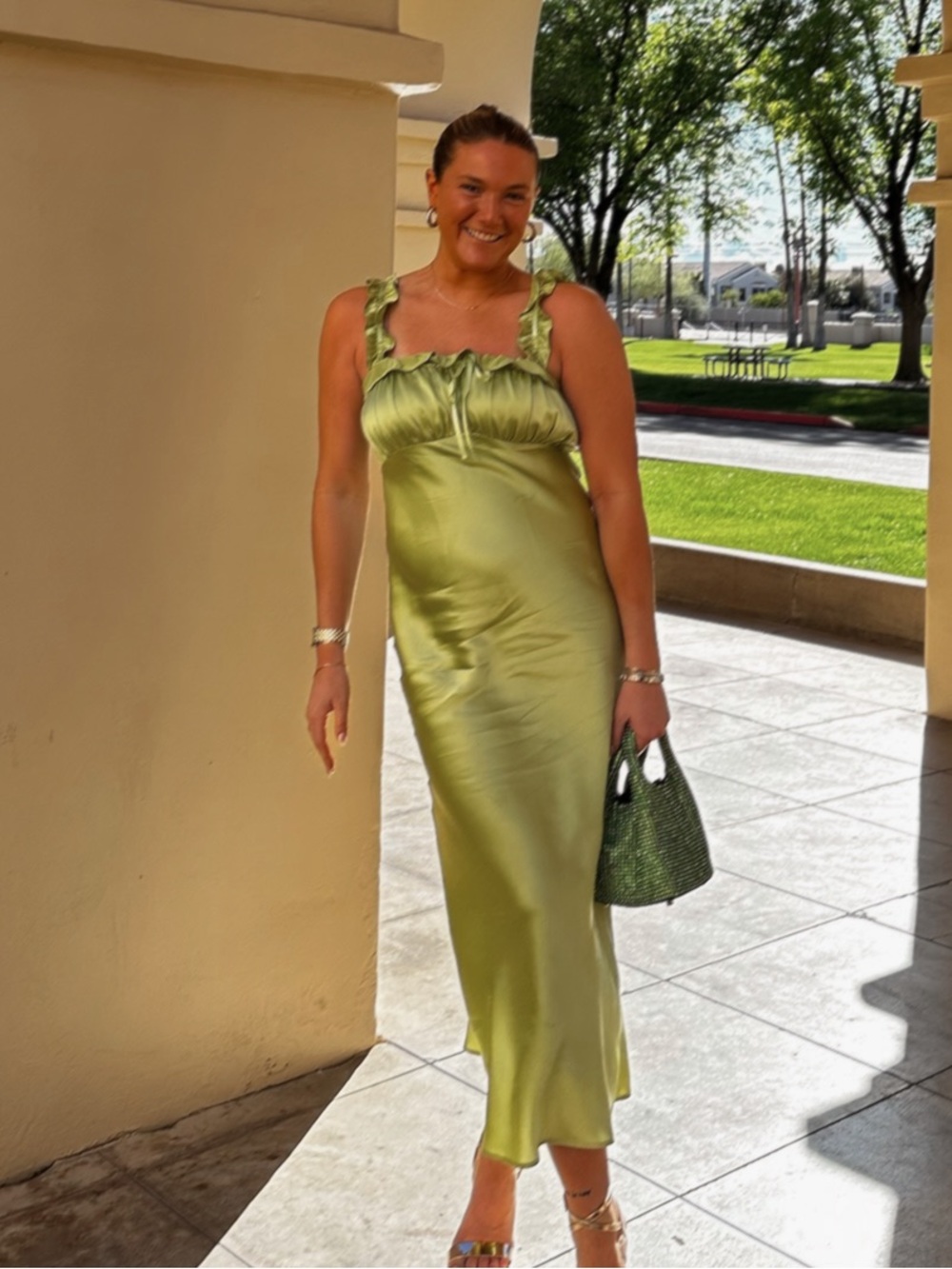 Reformation Lime Green Satin Ruffle Strap Nightgown